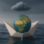 A paper boat carrying a globe with North Africa visible, leaking rainwater into the sea, while a storm cloud rains directly over it—symbolizing climate fragility in the region.