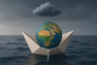 A paper boat carrying a globe with North Africa visible, leaking rainwater into the sea, while a storm cloud rains directly over it—symbolizing climate fragility in the region.