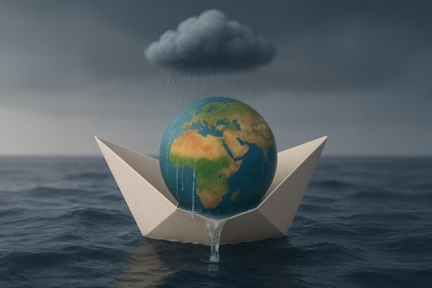 A paper boat carrying a globe with North Africa visible, leaking rainwater into the sea, while a storm cloud rains directly over it—symbolizing climate fragility in the region.