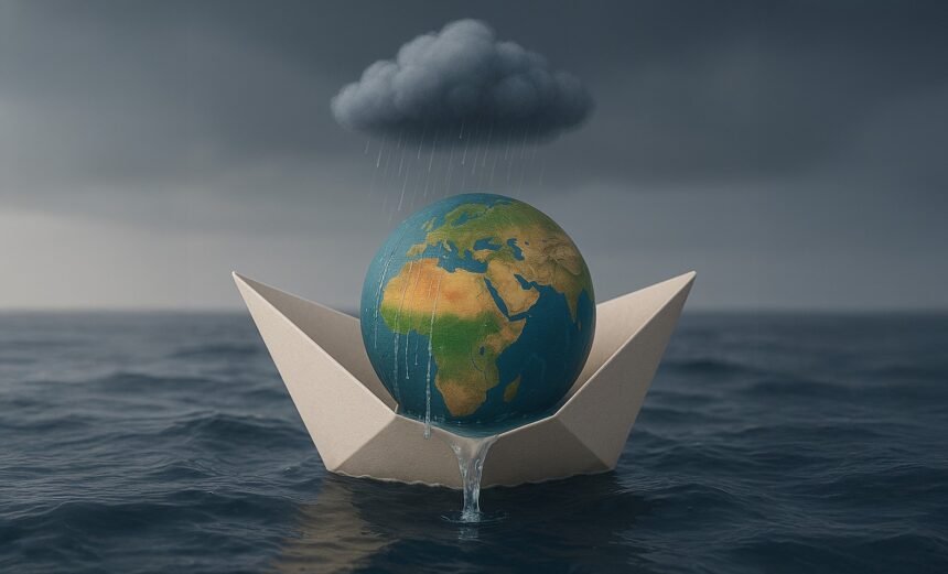 Rain and Ruin: North Africa Afloat in a Changing Climate - Africalix A paper boat carrying a globe with North Africa visible, leaking rainwater into the sea, while a storm cloud rains directly over it—symbolizing climate fragility in the region.