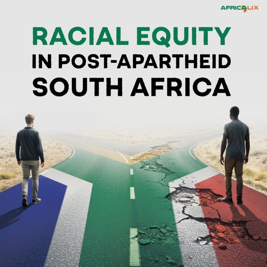 Racial Equity in Post-Apartheid South Africa: A Nation at the Crossroads - Africalix An artistic visual of a divided road in the colors of the South African flag, with a white man and a black man walking separately toward a distant convergence point, symbolizing racial equity challenges.