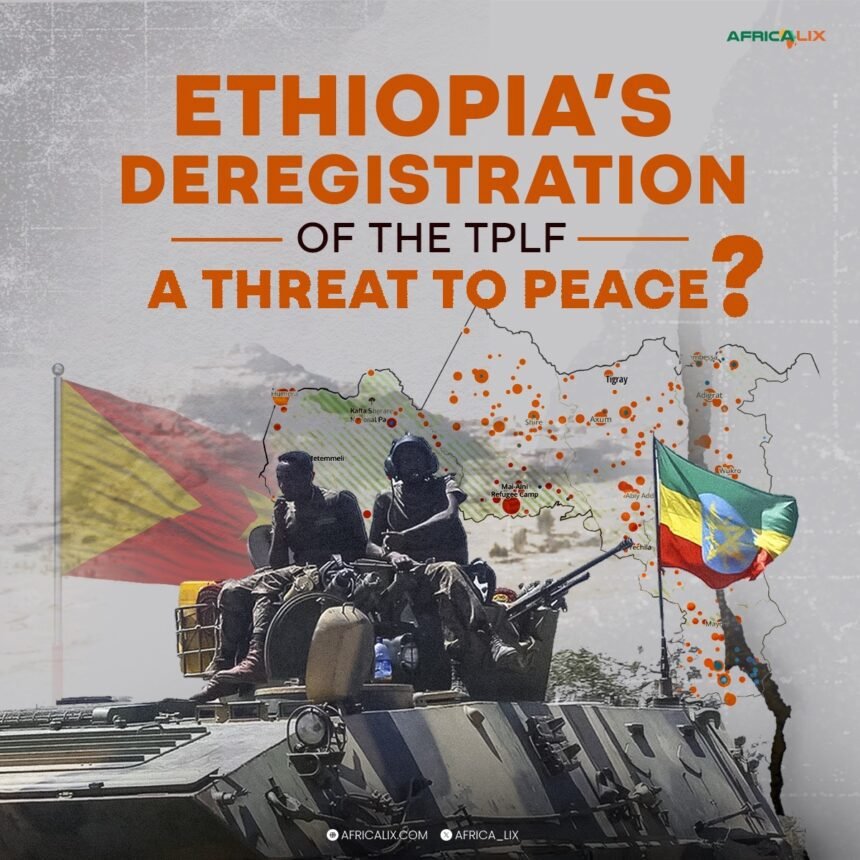 Ethiopia’s Deregistration of the TPLF: Symbol of Stability or Prelude to Unrest? - Africalix Infographic showing armed Ethiopian soldiers atop a military vehicle with Eritrean and Ethiopian flags, a Tigray conflict zone map in the background, and the headline: “Ethiopia’s Deregistration of the TPLF: A Threat to Peace?”