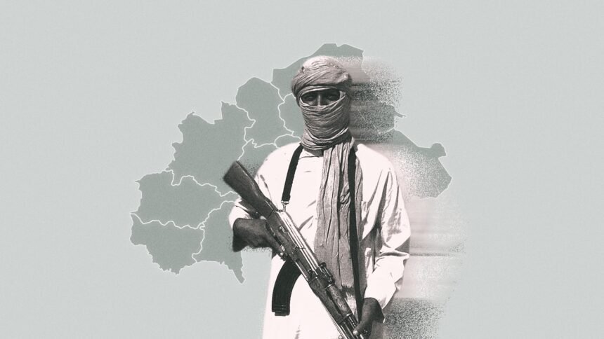 Visualizing JNIM’s Dominance in Burkina Faso - Africalix A masked armed militant in traditional Sahelian clothing holds a rifle in front of a map outline of Burkina Faso, symbolizing jihadist presence in the region.