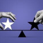 Two suited hands—one with the Puntland flag, the other with the Somaliland flag—reach toward opposing stars on a balancing scale, symbolizing the fragile negotiations between the two sides.