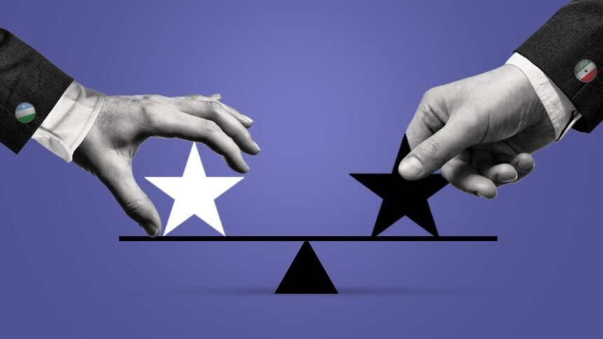 Balancing Claims: Somaliland and Puntland in Fragile Dialogue - Africalix Two suited hands—one with the Puntland flag, the other with the Somaliland flag—reach toward opposing stars on a balancing scale, symbolizing the fragile negotiations between the two sides.