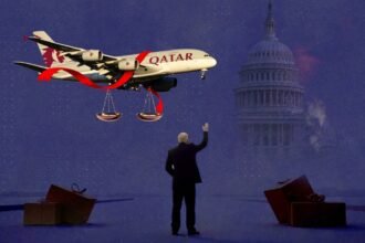 A Qatar Airways jet adorned with a red ribbon hovers over the U.S. Capitol with justice scales beneath it, while a silhouette resembling Donald Trump raises a hand below.