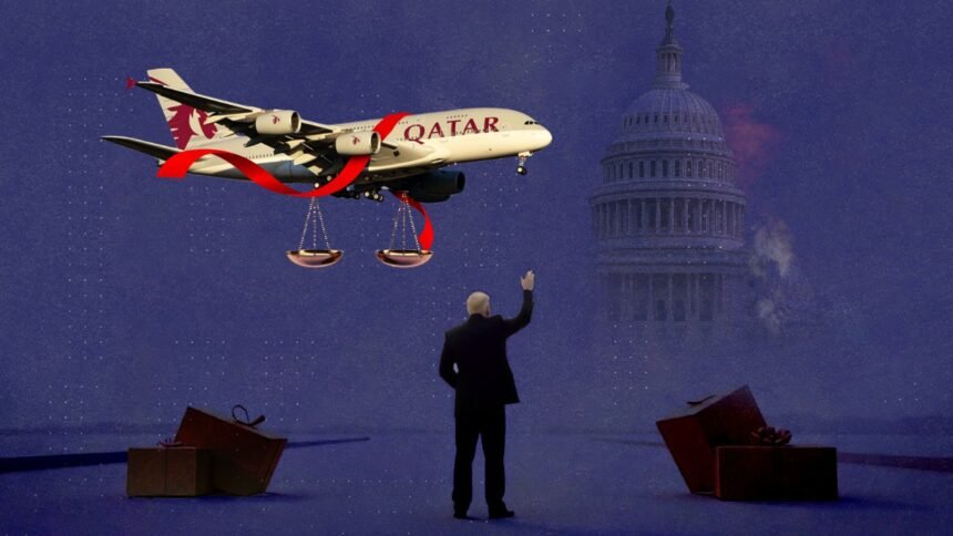 The Weight of a Gift: Qatar, Trump, and the Balance of Power - Africalix A Qatar Airways jet adorned with a red ribbon hovers over the U.S. Capitol with justice scales beneath it, while a silhouette resembling Donald Trump raises a hand below.