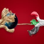 A frayed rope representing global ties pulls against a Sudanese-flag-colored rope, symbolizing Sudan’s strained international relations.
