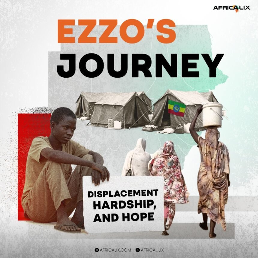 Composite image of a Sudanese boy sitting barefoot with a “Displacement, Hardship, and Hope” sign, refugee tents flying the Ethiopian flag, and women walking away with containers—overlayed over a faded map of Sudan and Ethiopia.