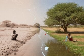 A split image of two children in different water contexts—one sitting on cracked earth and the other drinking near a water source—overlayed with a Nile basin map, symbolizing the water access divide in North Africa.