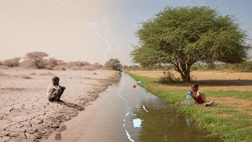 The Divide of Water: Scarcity and Access Along the Nile - Africalix A split image of two children in different water contexts—one sitting on cracked earth and the other drinking near a water source—overlayed with a Nile basin map, symbolizing the water access divide in North Africa.