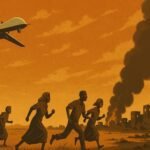 A stylized illustration showing a drone flying overhead as a Sudanese family runs barefoot through dry grass, fleeing from burning buildings in the distance. A large column of smoke rises behind them.