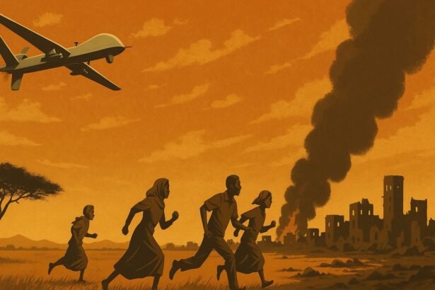 A stylized illustration showing a drone flying overhead as a Sudanese family runs barefoot through dry grass, fleeing from burning buildings in the distance. A large column of smoke rises behind them.
