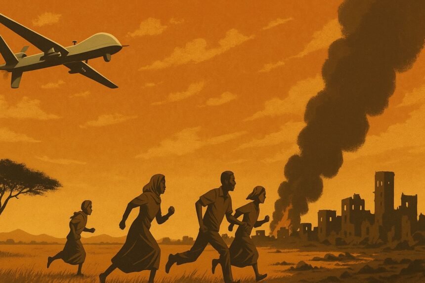 Drone Over Sudan: War from the Sky, Fear on the Ground - Africalix A stylized illustration showing a drone flying overhead as a Sudanese family runs barefoot through dry grass, fleeing from burning buildings in the distance. A large column of smoke rises behind them.