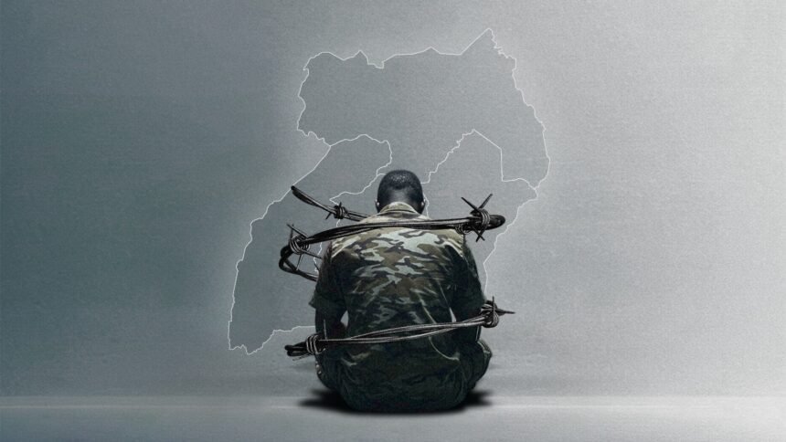 A man in camouflage uniform sits on the floor with barbed wire wrapped tightly around him. Behind him is a ghostly outline of Uganda’s map, symbolizing national repression and military entrapment.
