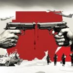 A powerful collage-style image of two hands pointing pistols at each other, dripping blood over a red map of Sudan. Military jets fly overhead. Below, RSF fighters ride in vehicles while displaced women and children walk in sorrow across a barren landscape.