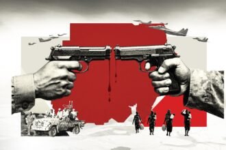 A powerful collage-style image of two hands pointing pistols at each other, dripping blood over a red map of Sudan. Military jets fly overhead. Below, RSF fighters ride in vehicles while displaced women and children walk in sorrow across a barren landscape.