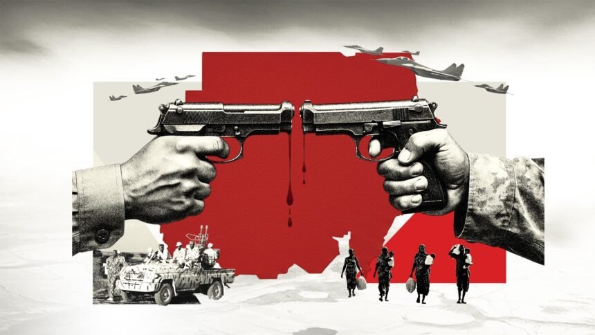 Sudan’s Civil War: A Nation Bleeding from Within - Africalix A powerful collage-style image of two hands pointing pistols at each other, dripping blood over a red map of Sudan. Military jets fly overhead. Below, RSF fighters ride in vehicles while displaced women and children walk in sorrow across a barren landscape.