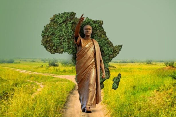 An African climate negotiator from Ghana speaking at a conference table in a large hall, with other African delegates listening and taking notes.