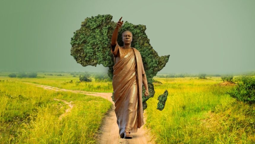 An African climate negotiator from Ghana speaking at a conference table in a large hall, with other African delegates listening and taking notes.