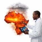 African climate and health researchers working in a modern university lab, analysing heat and weather data on computers and preparing monitoring equipment.