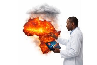 African climate and health researchers working in a modern university lab, analysing heat and weather data on computers and preparing monitoring equipment.