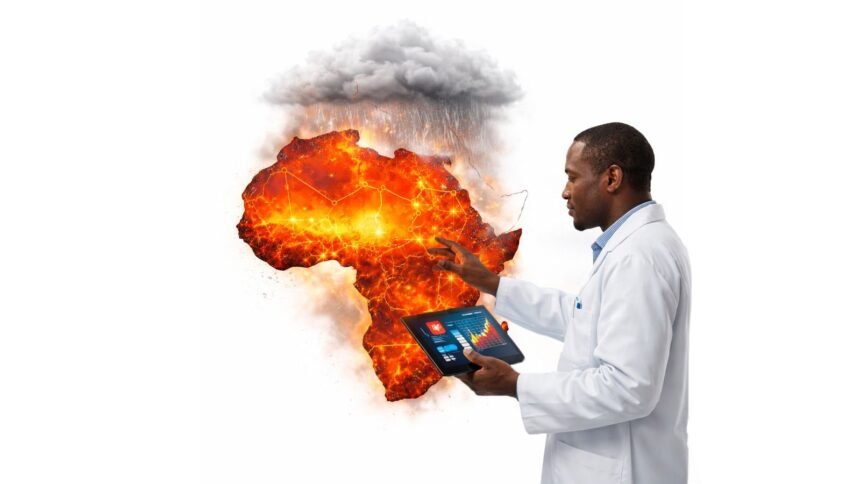 African climate and health researchers working in a modern university lab, analysing heat and weather data on computers and preparing monitoring equipment.