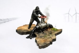 Offshore oil platform in African waters at sunset, with a gas flare burning and supply ships nearby, symbolising Africa’s expanding oil and gas production amid climate concerns.