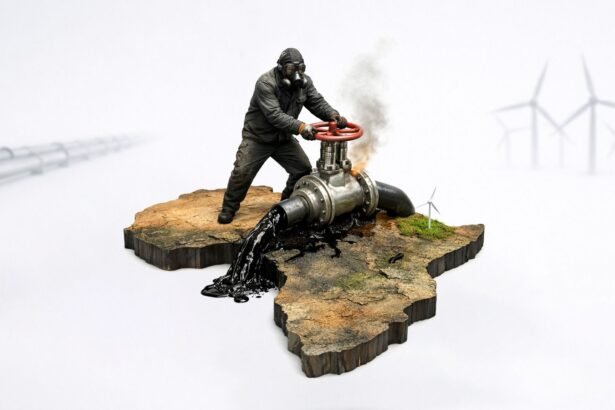 Offshore oil platform in African waters at sunset, with a gas flare burning and supply ships nearby, symbolising Africa’s expanding oil and gas production amid climate concerns.