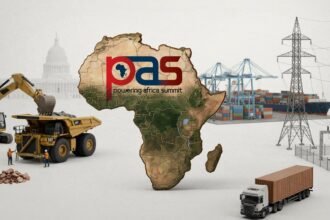 African and U.S. delegates in suits talking in a Washington, D.C. conference hall with a “Powering Africa” summit banner behind them, symbolising negotiations over energy, critical minerals and investment between the US and African countries.