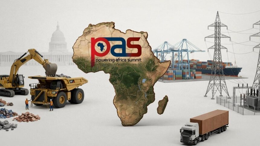 African and U.S. delegates in suits talking in a Washington, D.C. conference hall with a “Powering Africa” summit banner behind them, symbolising negotiations over energy, critical minerals and investment between the US and African countries.