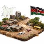 Flooded Nairobi street with muddy water covering cars and people standing at the edge, illustrating deadly flash floods that killed dozens and displaced thousands in Kenya’s capital