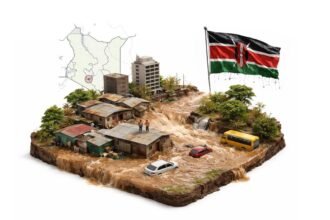Flooded Nairobi street with muddy water covering cars and people standing at the edge, illustrating deadly flash floods that killed dozens and displaced thousands in Kenya’s capital