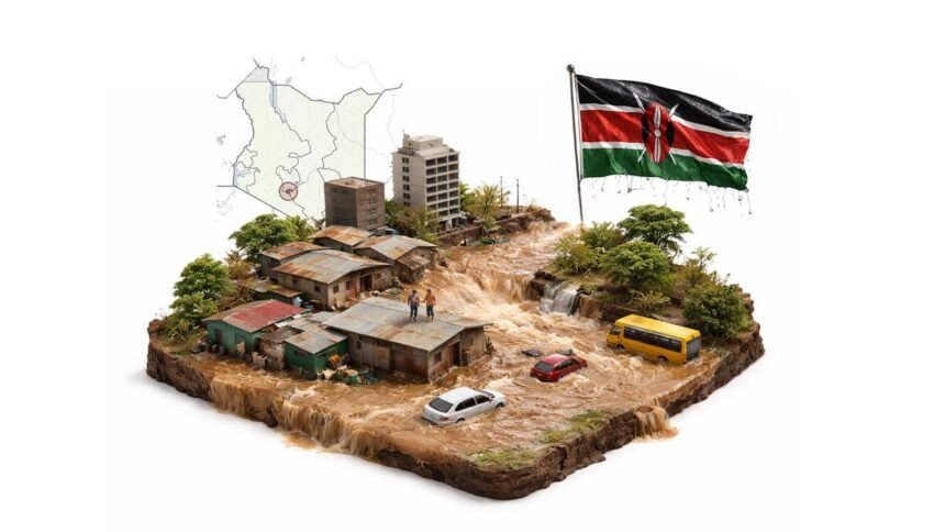 At Least 45 Dead as Flash Floods Batter Nairobi and Beyond - Africalix Flooded Nairobi street with muddy water covering cars and people standing at the edge, illustrating deadly flash floods that killed dozens and displaced thousands in Kenya’s capital