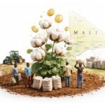 Malian farmers standing in a cotton field near Sikasso, with white cotton bolls and a tractor line in the background, symbolising Mali’s high‑stakes push to boost “white gold” production despite climate and price risks