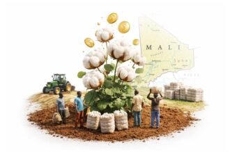Malian farmers standing in a cotton field near Sikasso, with white cotton bolls and a tractor line in the background, symbolising Mali’s high‑stakes push to boost “white gold” production despite climate and price risks