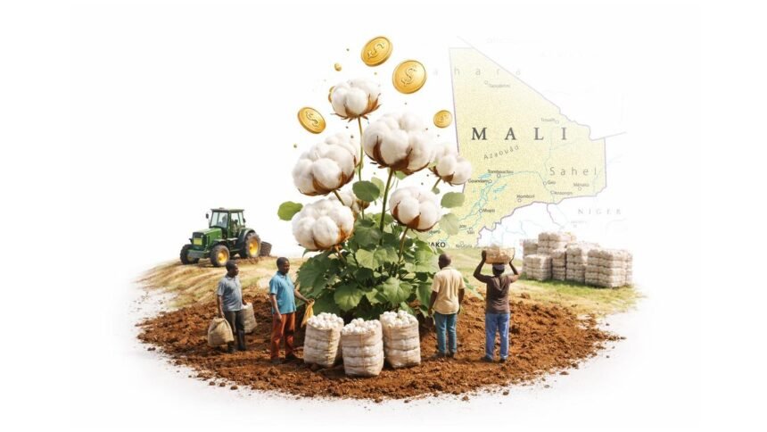 In Mali’s Cotton Belt, a High‑Stakes Bet on ‘White Gold’ - Africalix Malian farmers standing in a cotton field near Sikasso, with white cotton bolls and a tractor line in the background, symbolising Mali’s high‑stakes push to boost “white gold” production despite climate and price risks