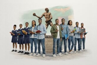 Statue of a young man throwing a stone in Kitwe, Zambia, with students marching past, symbolising Youth Day’s radical roots and Africa’s struggle to turn youth commemoration into real empowerment