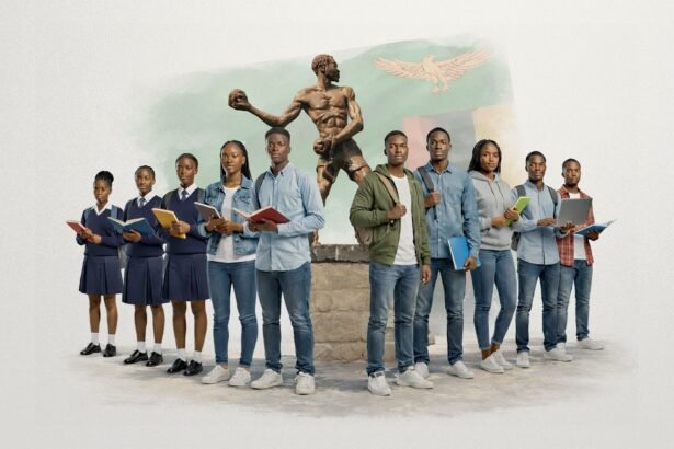 Statue of a young man throwing a stone in Kitwe, Zambia, with students marching past, symbolising Youth Day’s radical roots and Africa’s struggle to turn youth commemoration into real empowerment