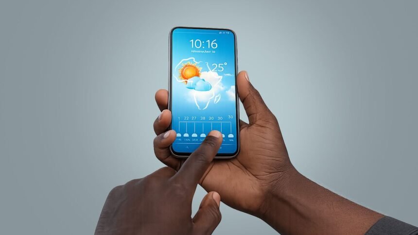 African meteorologists in a Lomé training room working on laptops while a facilitator presents climate graphs on a screen, symbolising how local climate data is being turned into evidence for Africa’s next climate pledges.