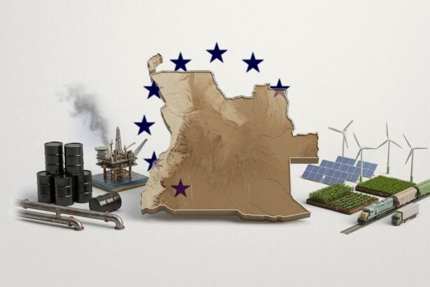 Angolan and European Union officials shaking hands in front of their flags after signing a partnership agreement on green investment and economic diversification.