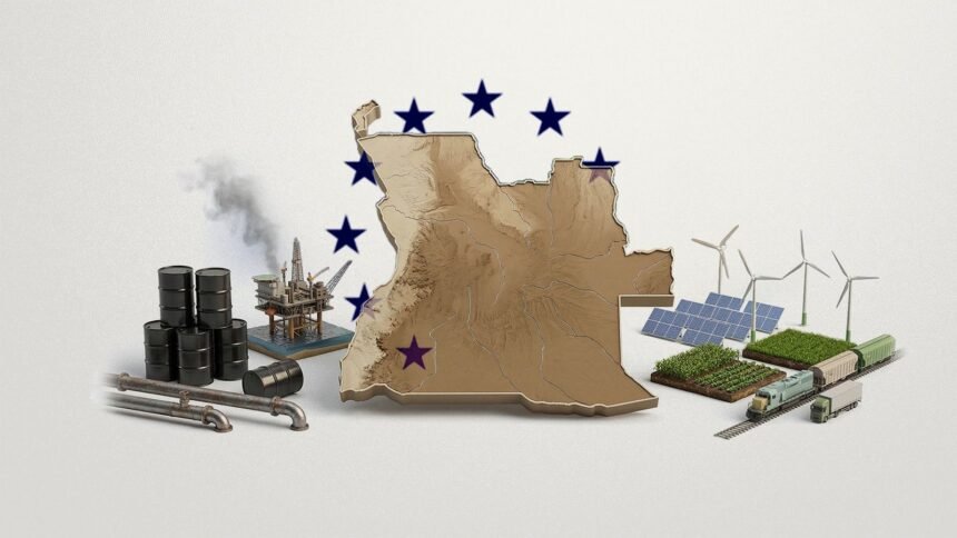 Angolan and European Union officials shaking hands in front of their flags after signing a partnership agreement on green investment and economic diversification.