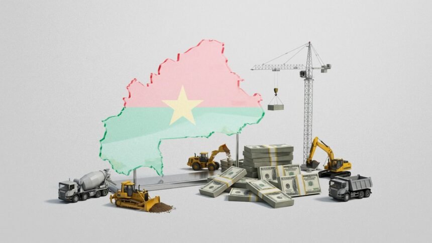 Unfinished flyover on the outskirts of Ouagadougou with concrete pillars above busy traffic, symbolising Burkina Faso’s $64‑billion bet on new infrastructure and economic transformation amid insecurity