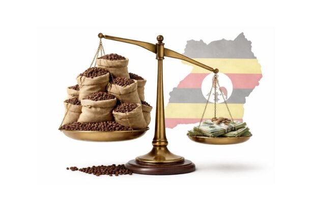 Ugandan coffee farmers drying red coffee cherries on raised racks on a hillside, illustrating how record export volumes are bringing only small income gains as global prices fall.