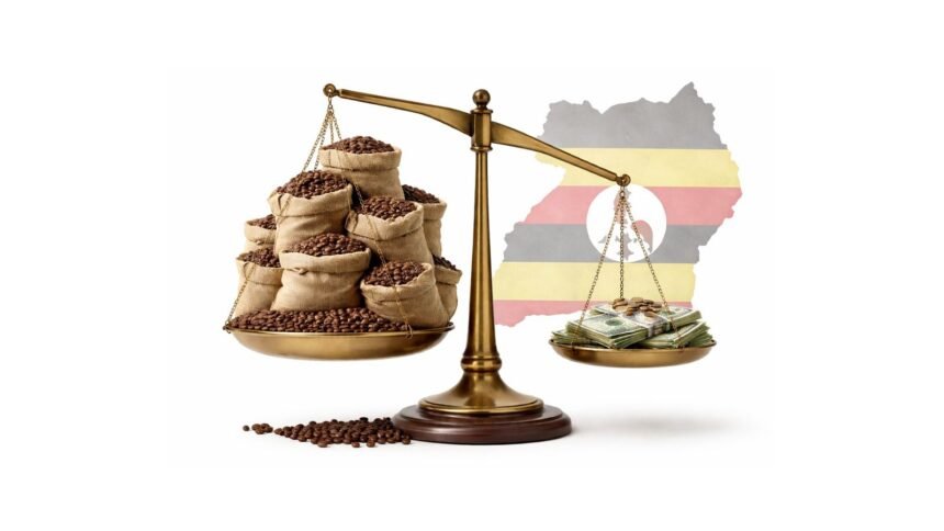 Ugandan coffee farmers drying red coffee cherries on raised racks on a hillside, illustrating how record export volumes are bringing only small income gains as global prices fall.