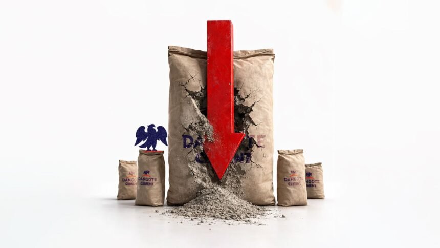 Dangote cement truck parked beside stacks of Dangote‑branded cement bags at a plant in Cameroon, illustrating how political unrest cut sales despite large installed capacity.