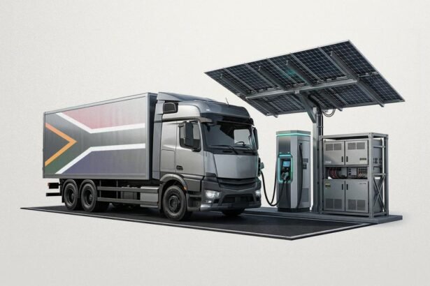 A solar-powered fast-charging station for heavy-duty electric trucks along South Africa’s N3 highway, showing rows of solar panels and technicians overseeing a truck charge.