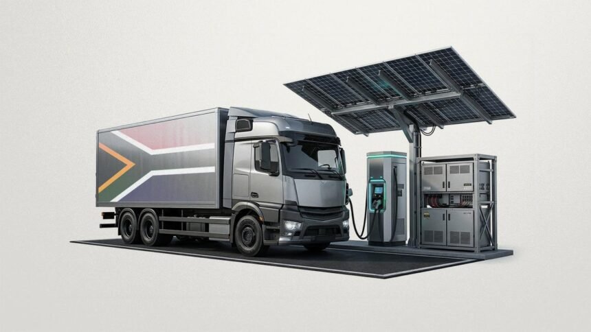 A solar-powered fast-charging station for heavy-duty electric trucks along South Africa’s N3 highway, showing rows of solar panels and technicians overseeing a truck charge.