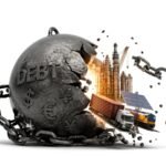 Large dark debt ball chained to heavy industry (factories, trucks, crane, solar panel) breaking free pieces, symbolizing debt burden on economy