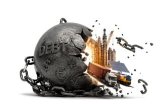 Large dark debt ball chained to heavy industry (factories, trucks, crane, solar panel) breaking free pieces, symbolizing debt burden on economy